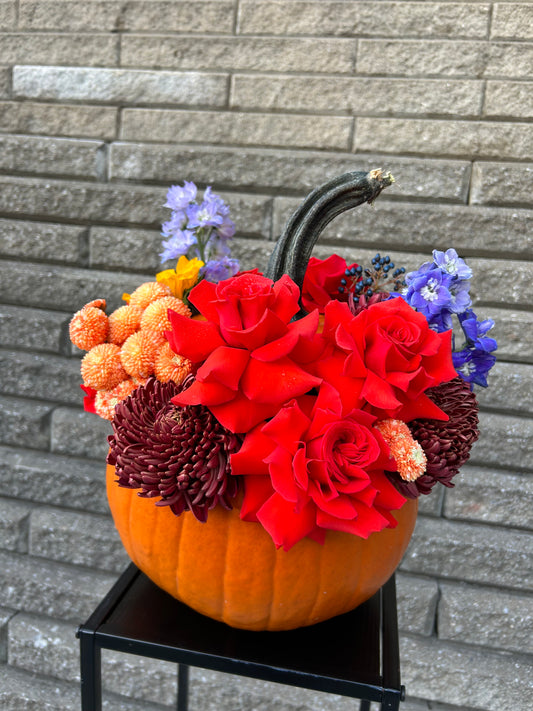 Large Pumpkin with Fresh Flowers