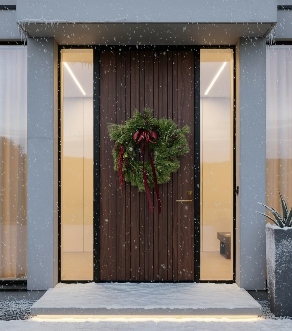 Brown door with a green wreath on a modern building facade during snowfall