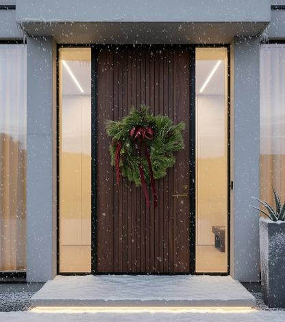 Brown door with a green wreath on a modern building facade during snowfall
