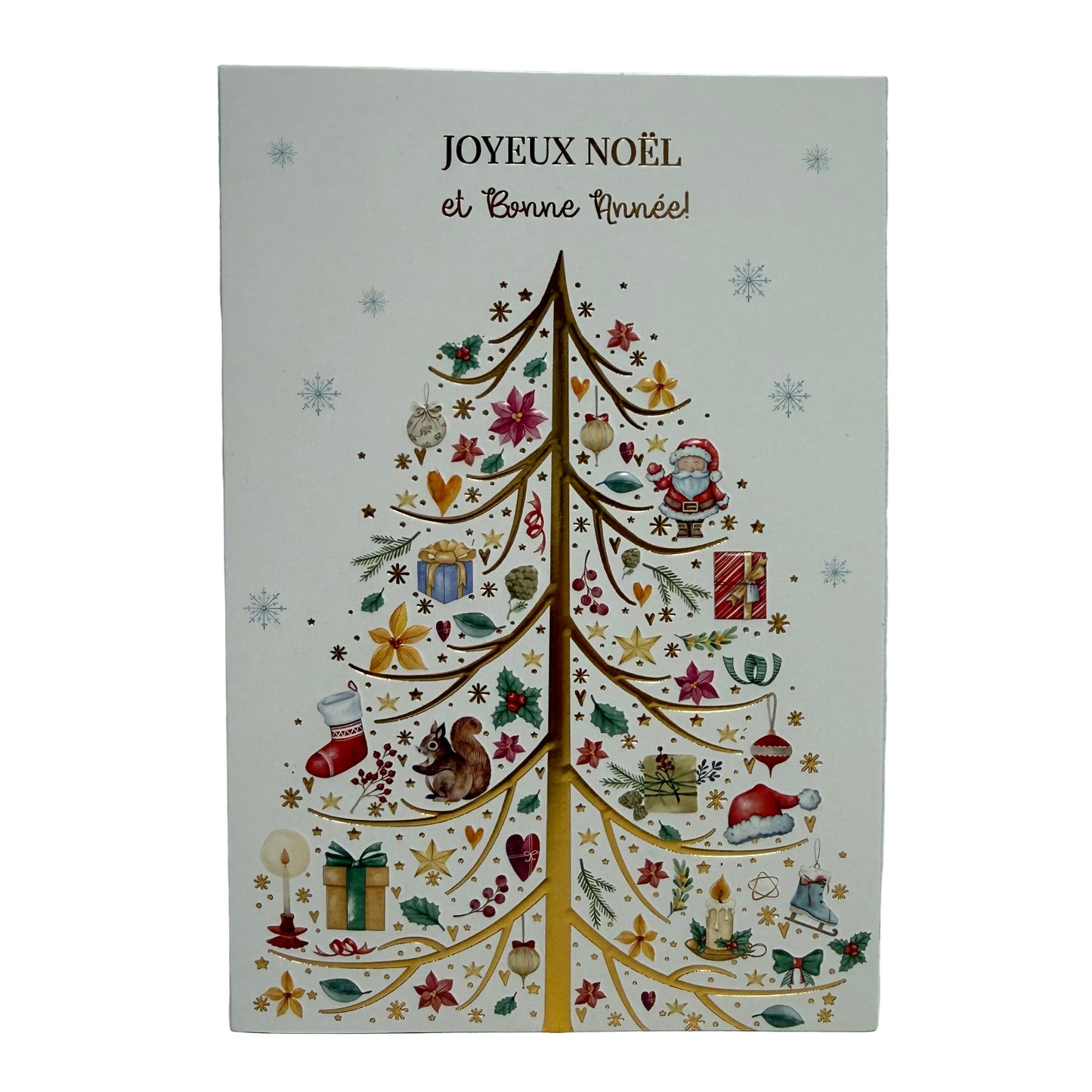 Decorative Christmas card with a tree design and 'Joyeux Noel et Bonne Annee' text on a white background.