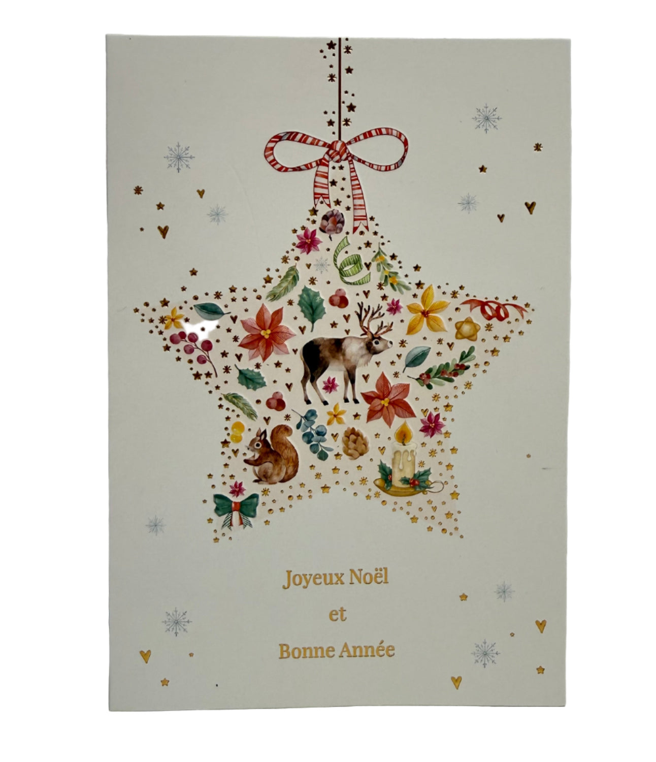 Decorative Christmas card with a star design, animals, and flowers on a light background.