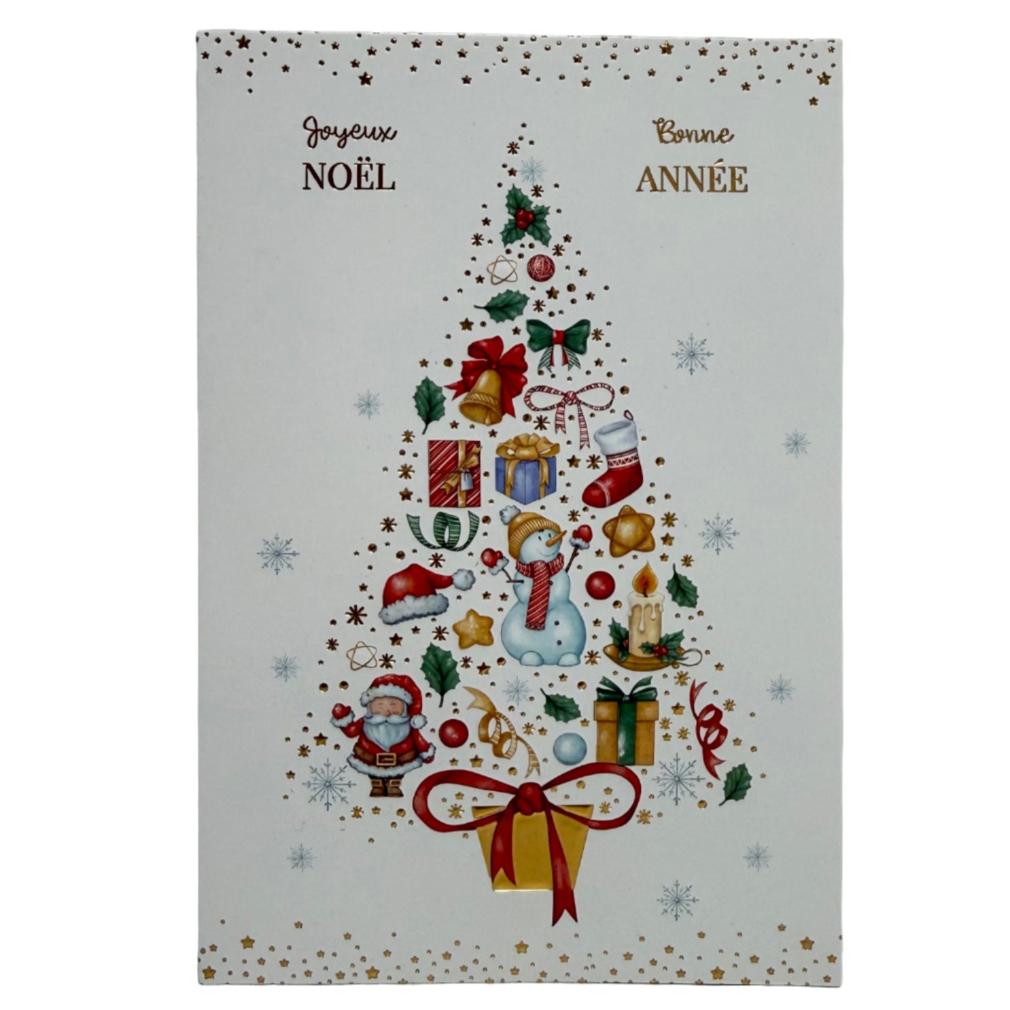 Decorative Christmas card with a tree design, text 'Joyeux Noel' and 'Bonne Annee', and festive elements on a white background.