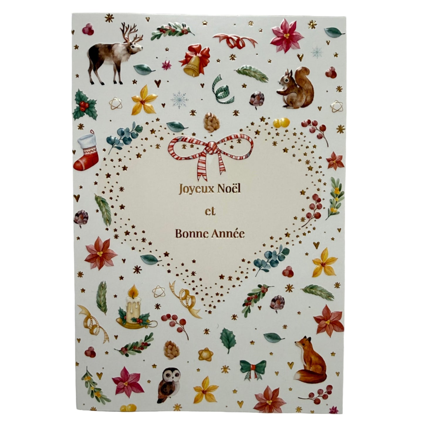 Decorative greeting card with festive illustrations and text on a plain background